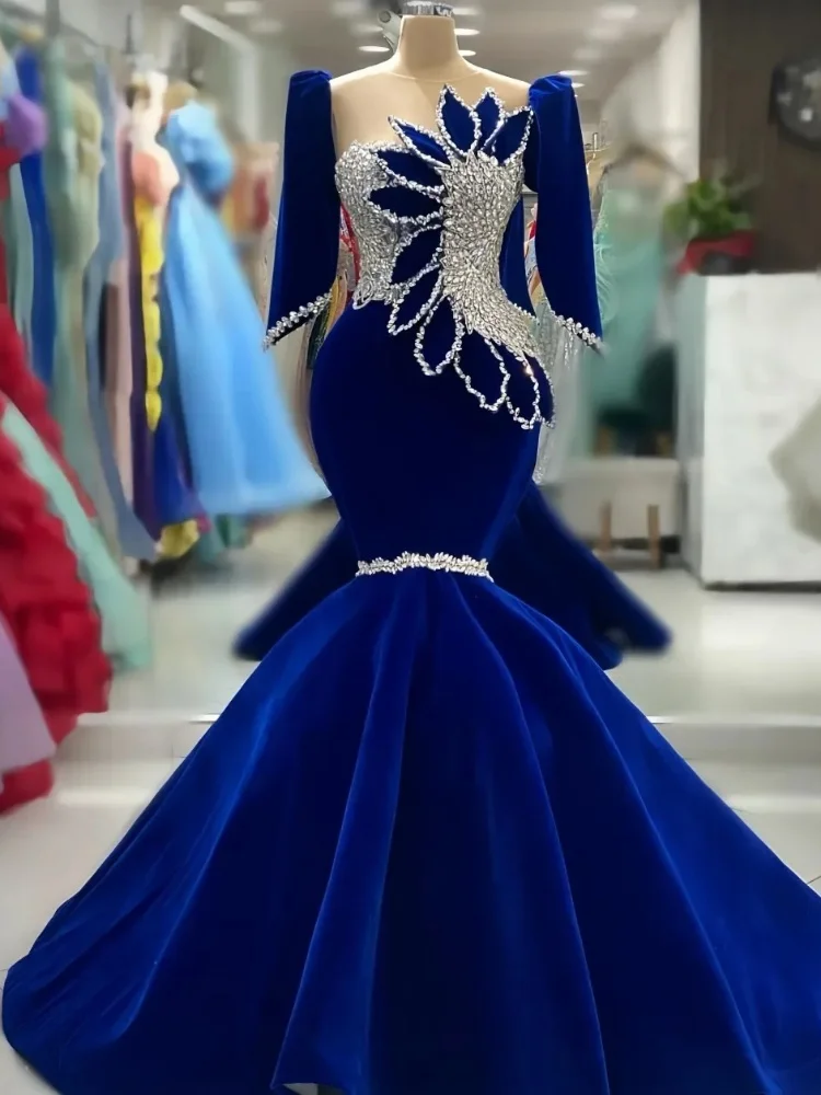 

Royal Blue Luxury Evening Dress 2025 Elegant Mermaid Formal Gown Long Sleeve Crystal Embellished Party Prom Dress Customized