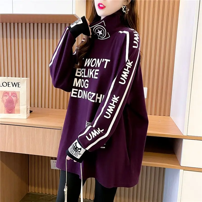 Hikigawa Chic Fashion Women Streetwear Turtleneck Bottoming Sweatshirts Korean Loose All Match Letter Print Pullover Top Mujer