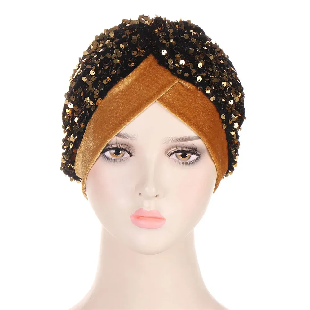 New Sequin Velvet Hat Indian Women Muslim Hijab Chemo Caps Stretch Turban Bonnet Headwrap Scarf Hair Loss Femme Bonnet Headscarf