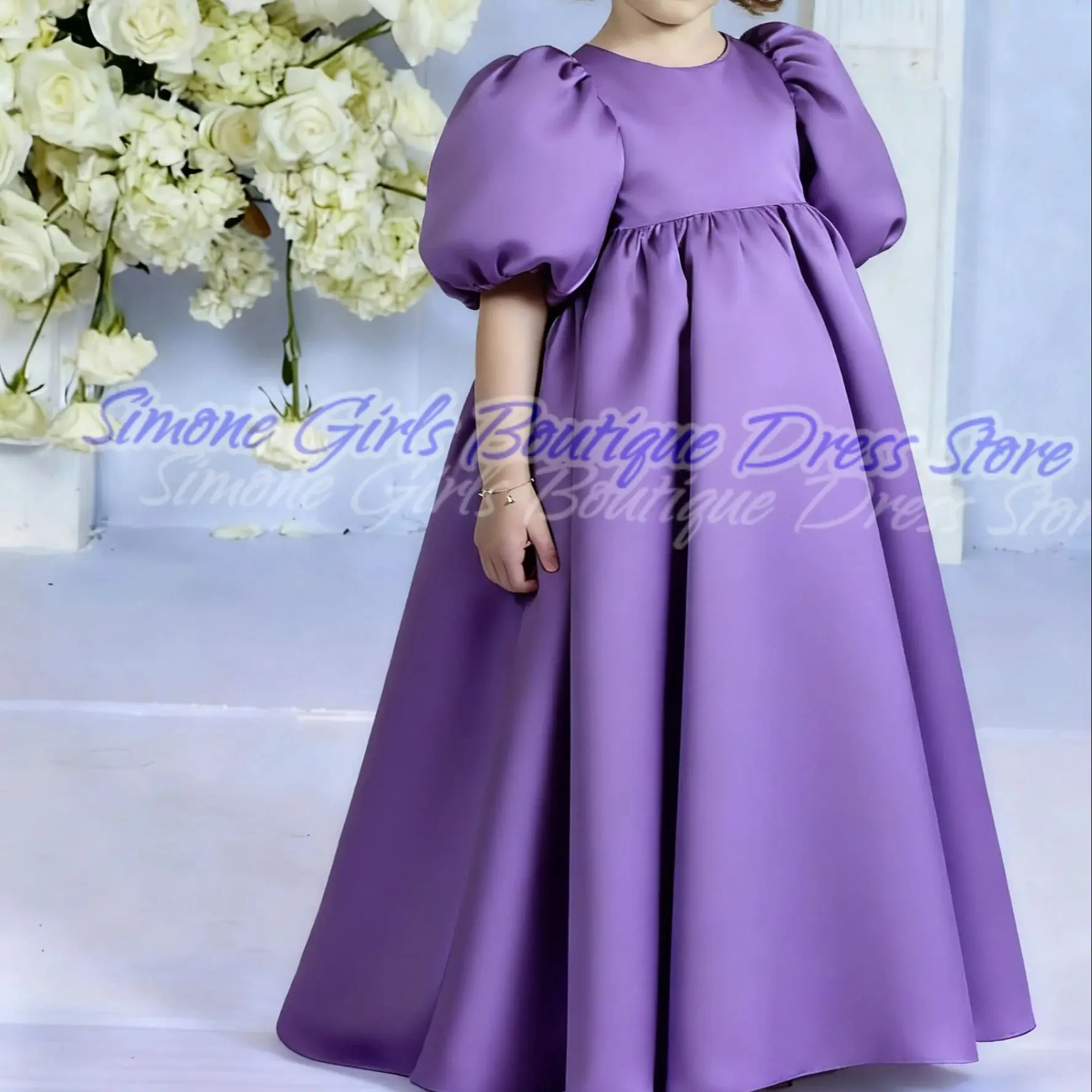 فستان وردي منفوش برقبة دائرية وأكمام قصيرة فستان فتاة الزهور لحفلات الزفاف والاحتفالات والعطلات وعروض الرقص