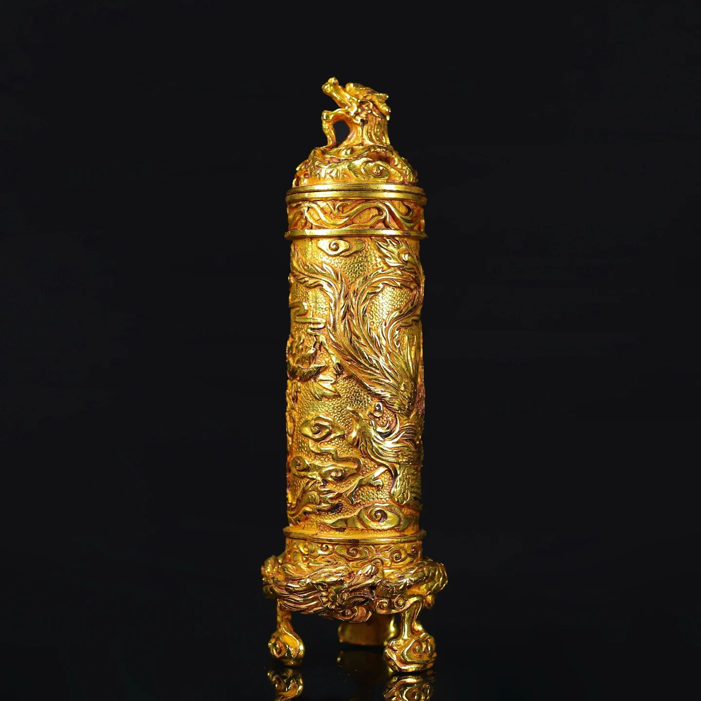 Old Bronze Gilded High Relief Dragon head lid Phoenix patterned incense burner tube Three foot fragrance tube Worship Hall