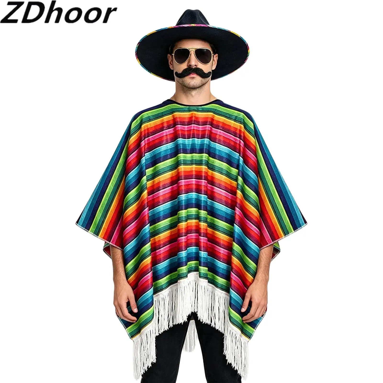 Unisex Adults 4-piece Set Wide Brim Hat Striped Cape Glasses And Mustache for Halloween Cosplay Theme Party Masquerade