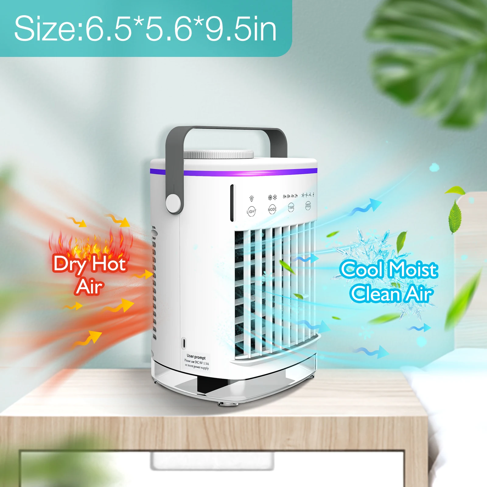 Portable Air Conditioner 3-Speed Mute Desk Air Cooler Fan USB With Humidifier Strong Wind LED Night Light Cold Air Conditioning