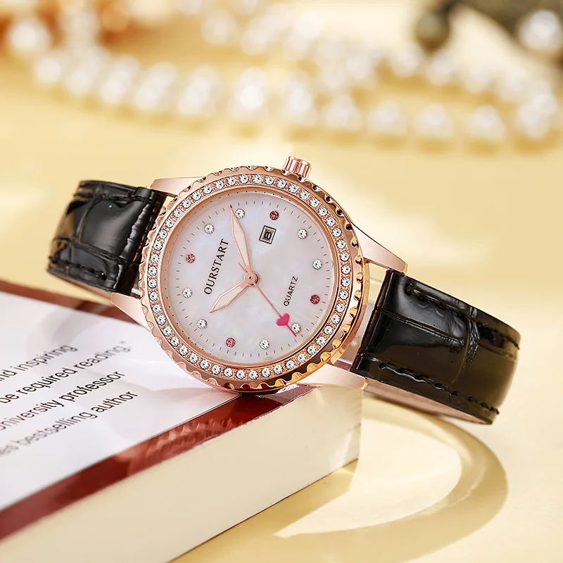 Women's Quartz Watch Korean Style Ladies Quartz Watch Elegant Heart Shaped Calendar Diamond Embellished Luminous Girl Wristwatch