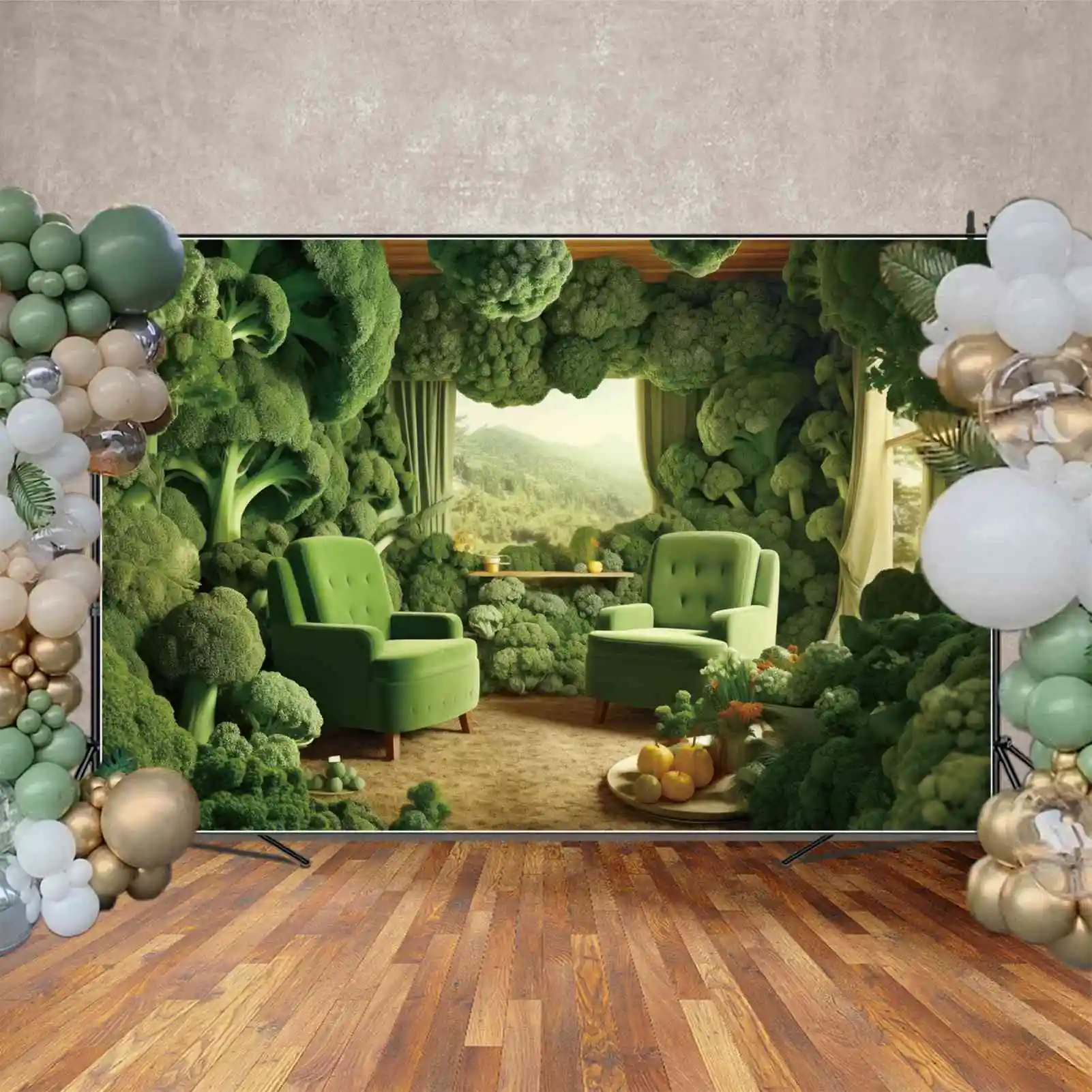 Mon.qg ฉากหลังห้องโดยสารฟาร์มสีเขียวห้องนั่งเล่นถ่ายภาพพื้นหลังเด็กฉากตกแต่งบรอกโคลีสีเขียว