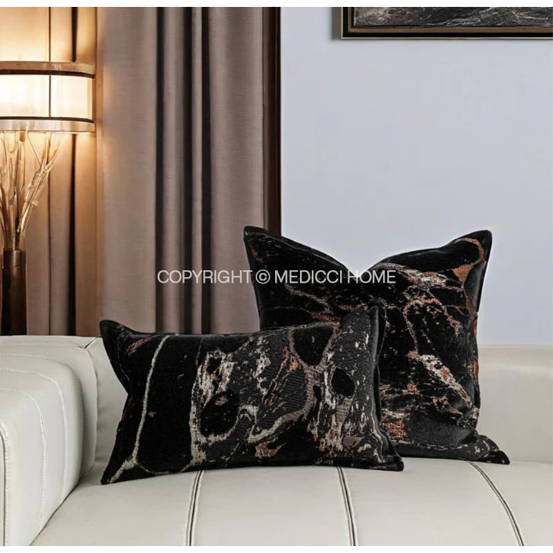Medicci Home Black And Rose Gold Marble Pattern Jacquard Cushion Cover Metropolitan Luxury Decorative Pillow Case For Sofa Couch
