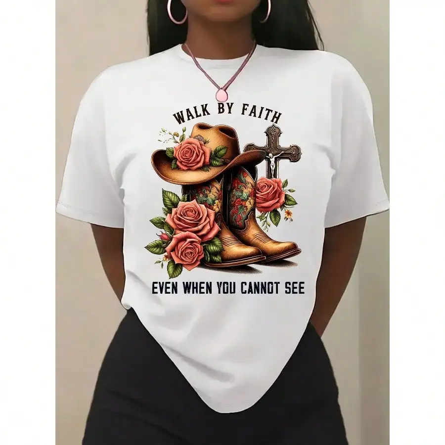 

Women's Quotes Short sleeved T-shirt - Inspired by "Walk By Faith" design, paired with denim boots and roses, casual wear