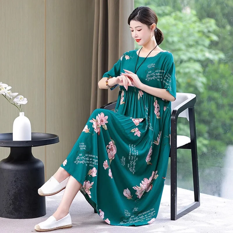 

Летнее женское платье с принтом, с коротким рукавом и круглым вырезом, свободные платья трапециевидной формы большого размера, элегантная одежда для мам, 38 цветов