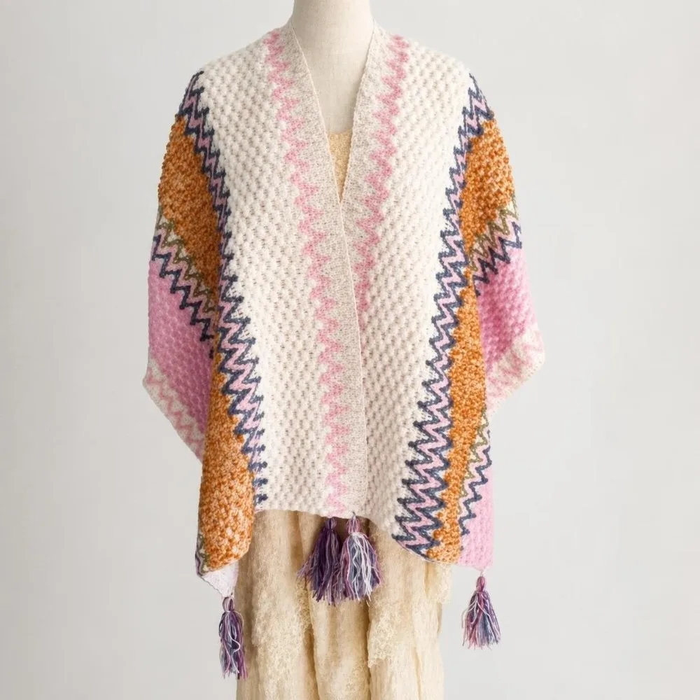 Striped Pattern Knit Poncho Cape Oversized Long Tassel Shawl Wrap Cardigan Warm Open Front Ethnic Knitted Shawl Travel Wear