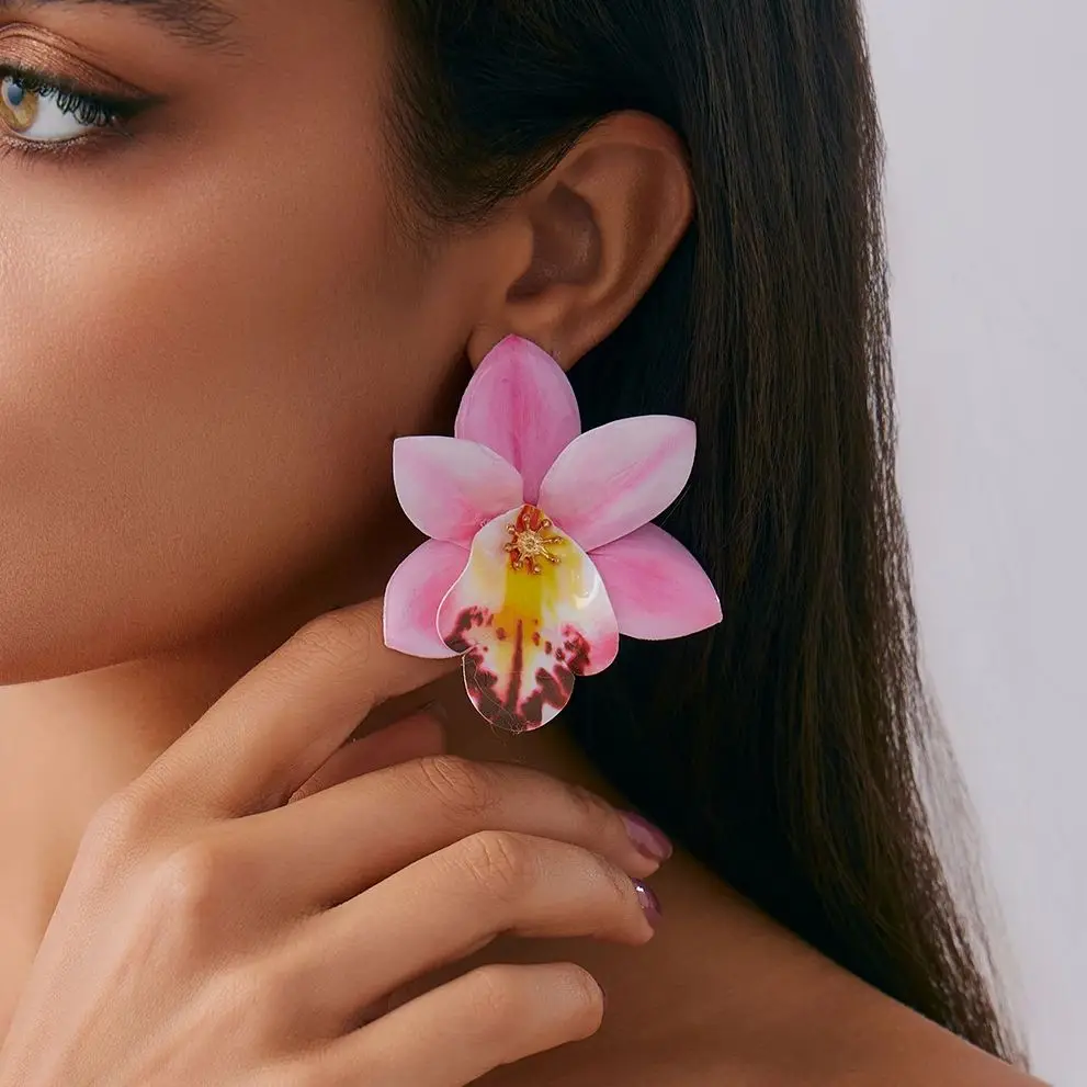 

PuRui Bohemian Elegant Pink Yellow Large Flower Stud Earrings for Women Fashion Exquisite Colorful Piercing Earring Y2K Jewelry