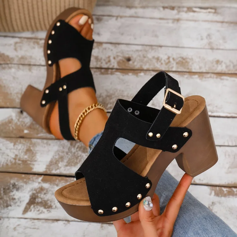 2024 New Women High Heels Sandals Platform Slingback Peep Toe Chunky Heel Studded Sandals Women Casual Comfortable Shoes Women