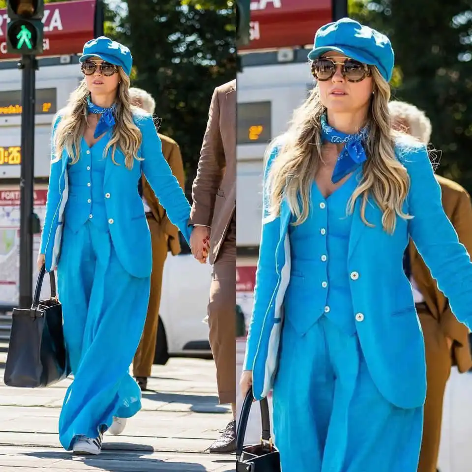 Simple Women Blazer Suits 3 Pieces Single Breasted Jacket Customized Wide Leg Pants Casual Daily Party Dress