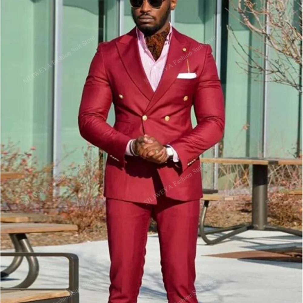 Elegant Red Suits for Men Double Breasted 2 Pieces Jacket Pants Male Clothing Banquet Wedding Business Party Costume Homme