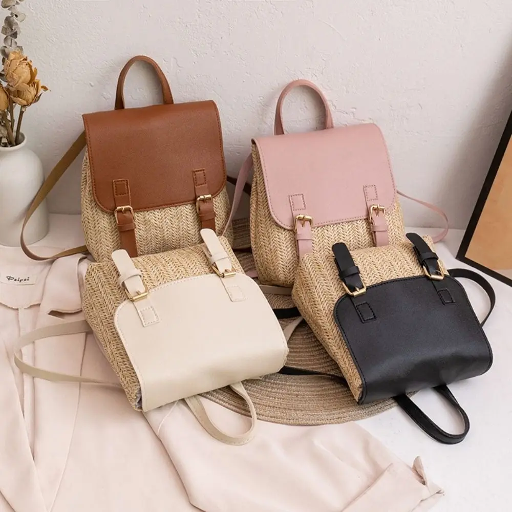 Trend PU Leather Straw Backpack Retro Design Elegant Look Shoulder Bag Luxury Vintage Style Satchel Bag All-match Style