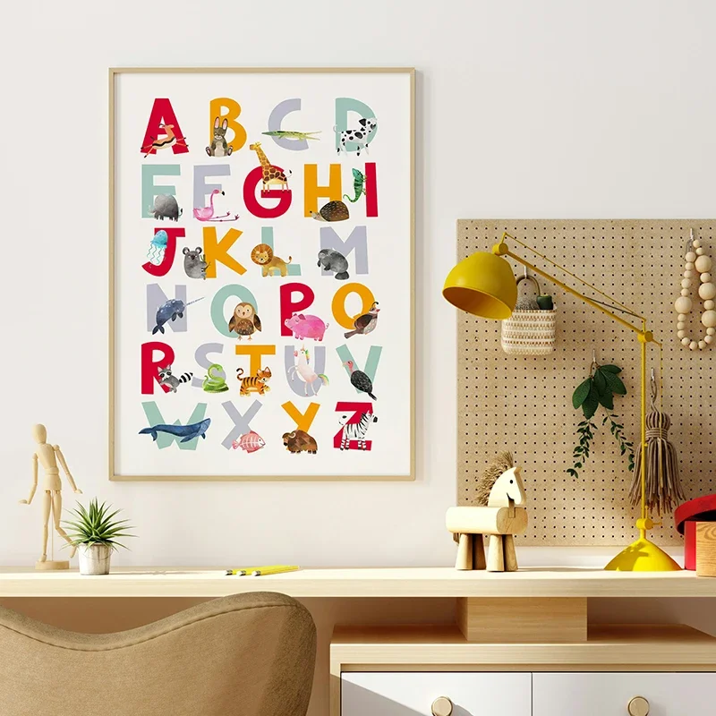 Modern Dinosaur Alphabet Art Wall Art Poster Animal ABC Art Print Canvas Painting Picture for Nursery Room Home Decoration