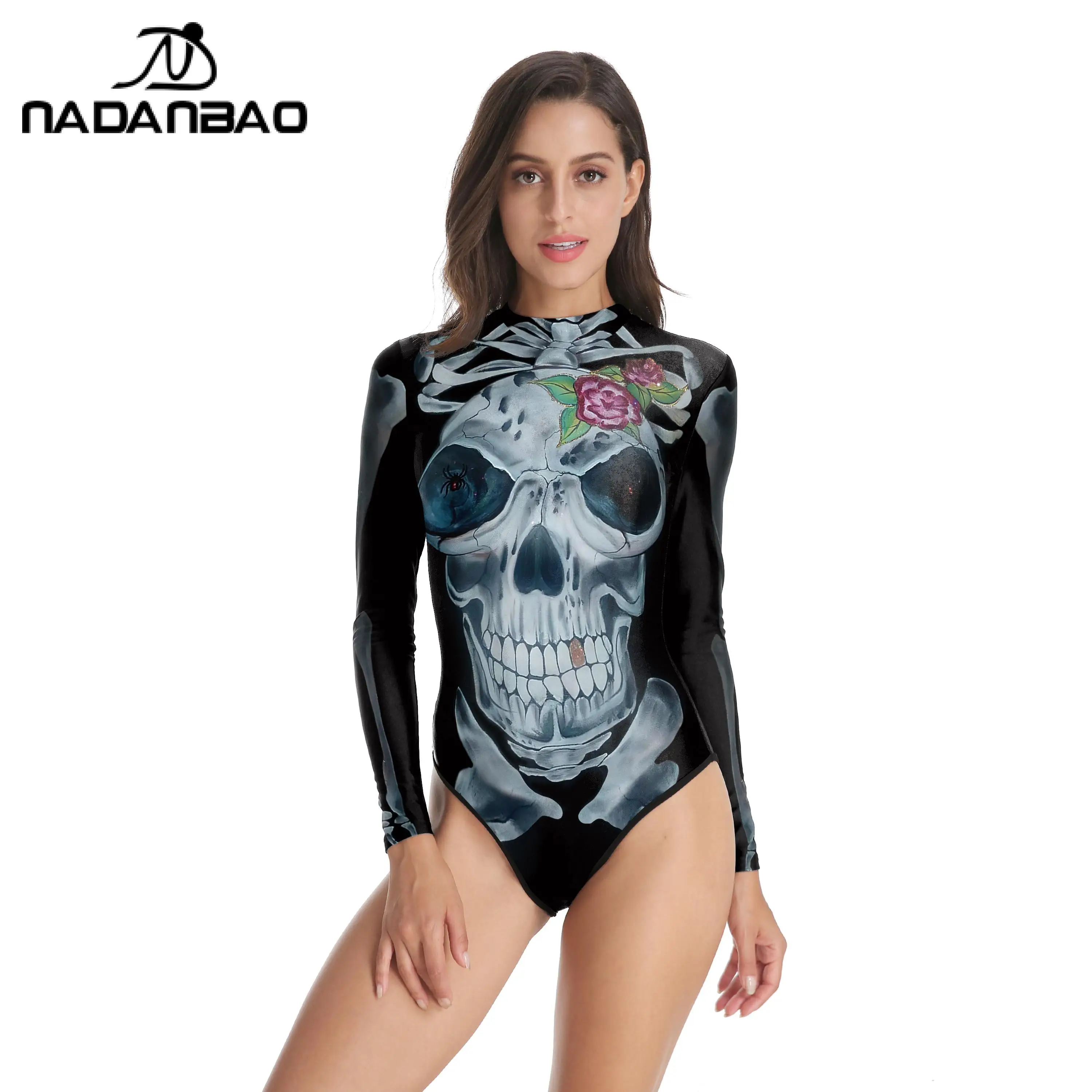 NADANBAO Summer Women Swimsuits One Piece Suits Halloween Print Party Female Bodysuit Long Sleeve Swimwear Surfing Beachwear