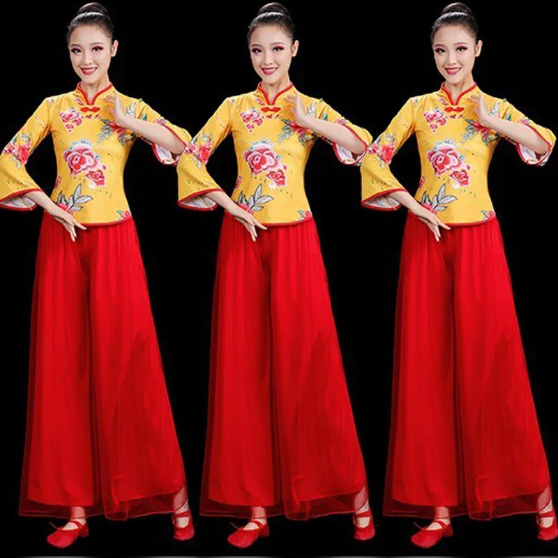 New printed square dance costumes for middle-aged and elderly women, big yangko costumes, group fan dance performances, costumes