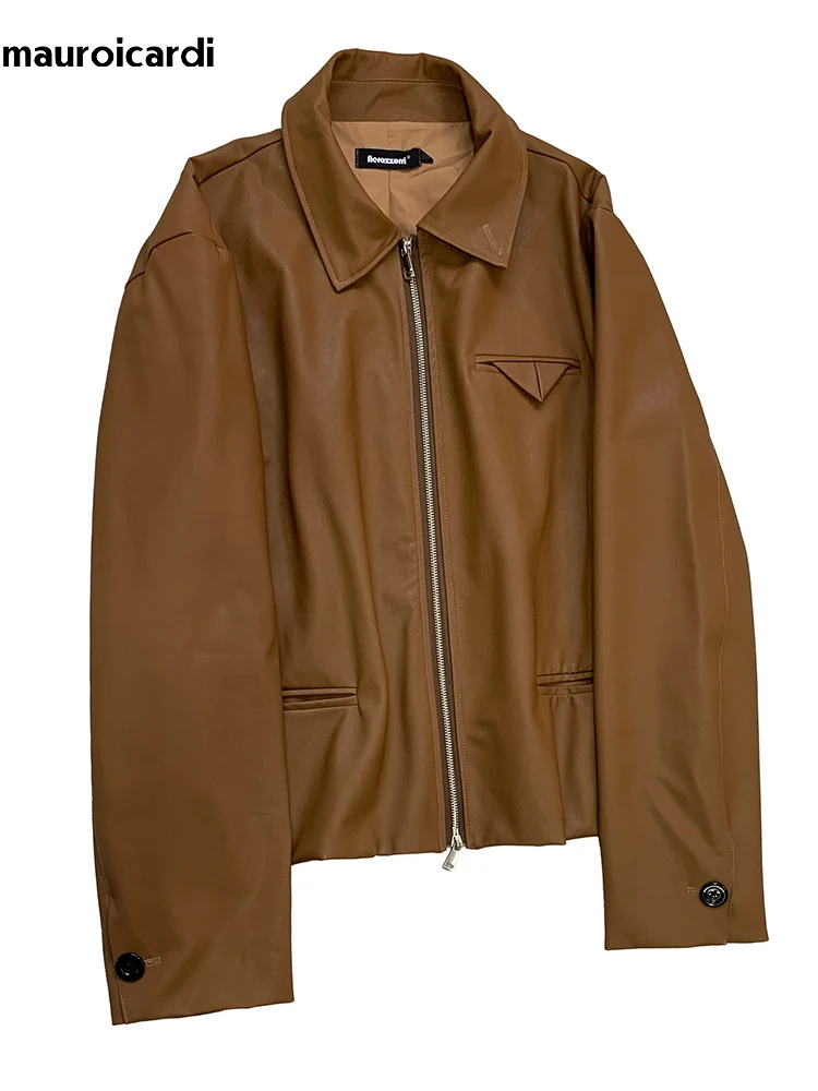 

Mauroicardi Spring Autumn Cool Short Soft Pu Leather Jacket Men Turn-down Collar Zipper Loose Luxury Chic Korean Fashion Clothes