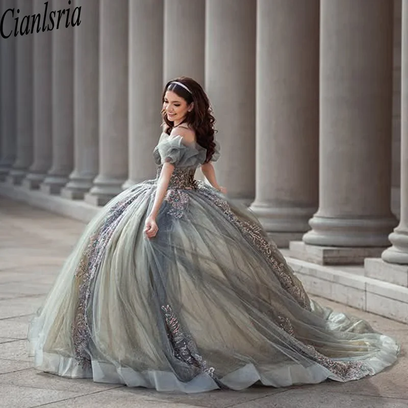 

Блестящие серые платья Quinceanera с цветочным кружевом и бисером, с открытыми плечами, для дня рождения, платья de15 anos