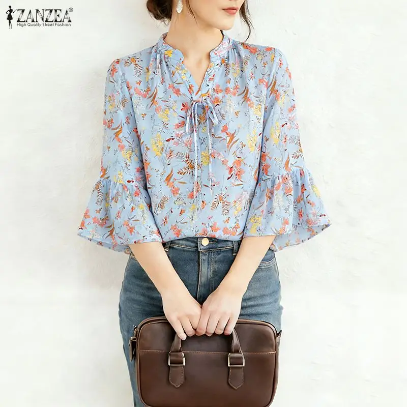 

Летняя блузка с цветочным принтом ZANZEA 2026: Стильный женский топ с рукавом 3/4, V-образным вырезом, для отпуска и работы, повседневная туника в богемном стиле со шнуровкой