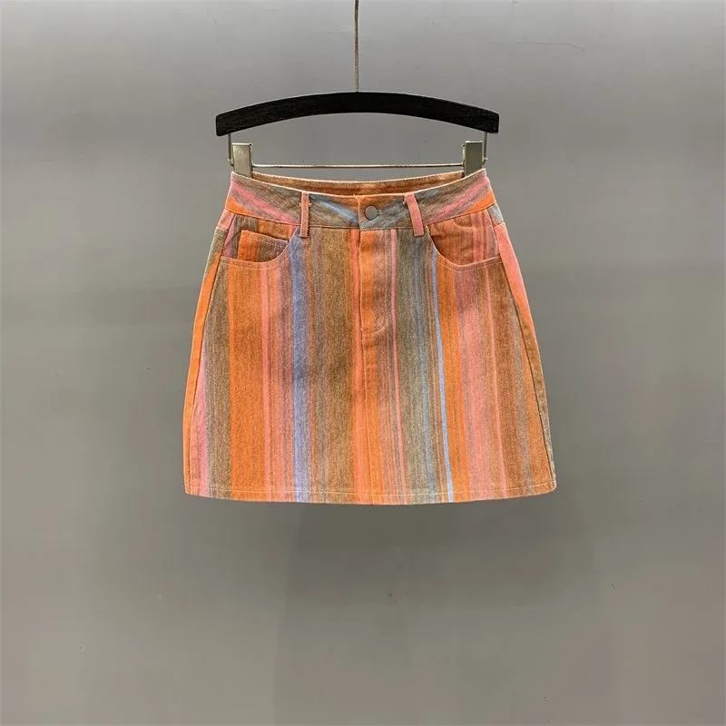 

Casual Colorful Striped Design High Waist Denim Short Skirt Women's Summer A- Line Slimming Package Hip Skirt Trendy Ins