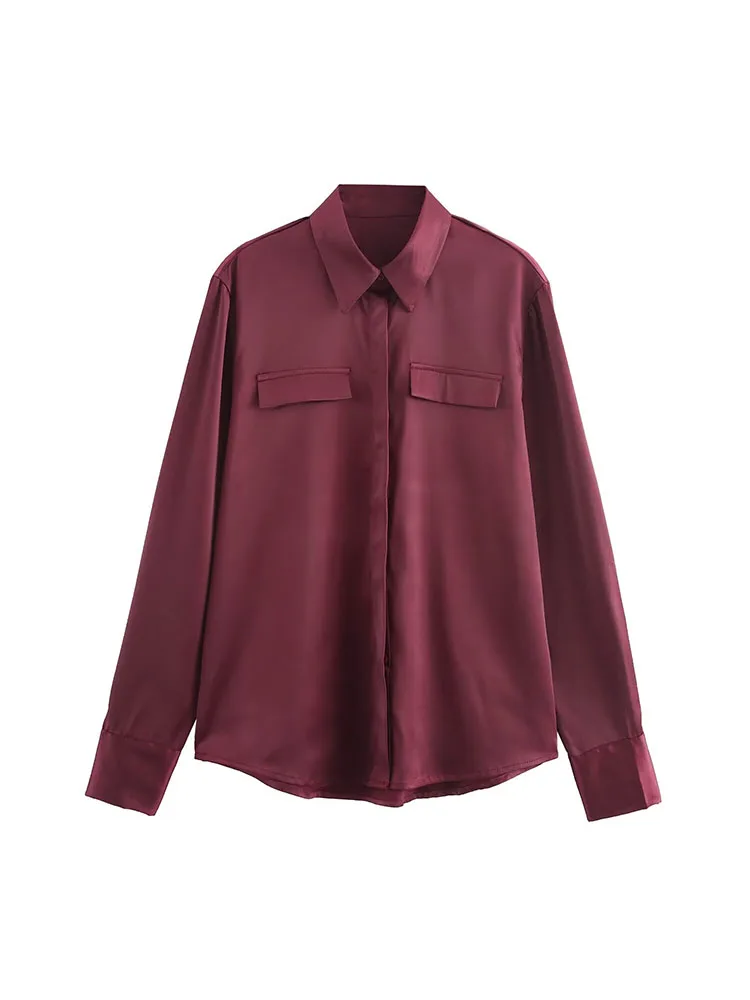 Burgundy satin shirt for women, loose commuting, fashionable, high-end, elegant, skin-whitening, long-sleeved shirt