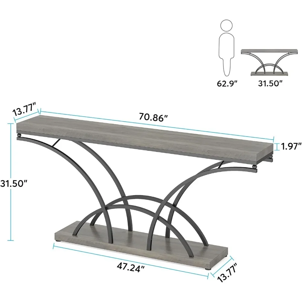 70.9 Inch Extra Long Console Table for Entryway, Gray Sofa with Wood Tabletop, Modern Accent Tables with Half-Moon Shape