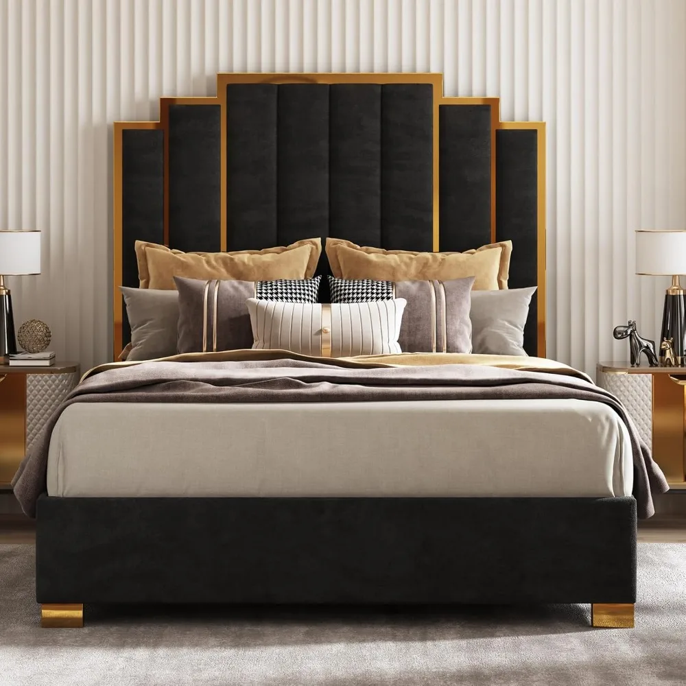 

modern velvet queen size bed frame with 61.4" tall gold trim headboard, no box spring required, black upholstered