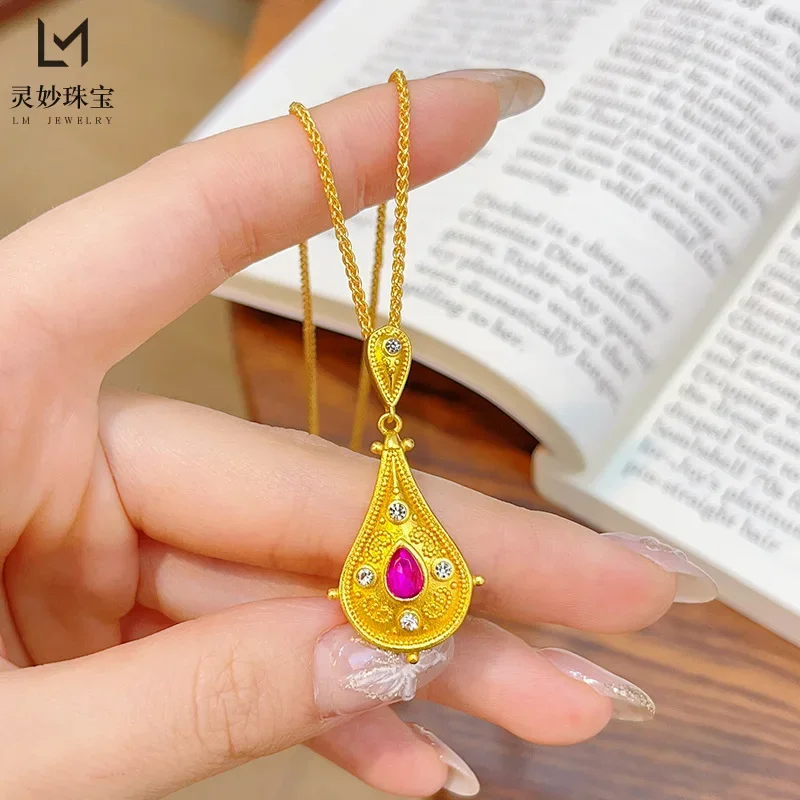 

Luxury 9999 24K real gold dot diamond Ruyi pipa pendant necklace filament water drop clavicle chain retro gift for girlfriend