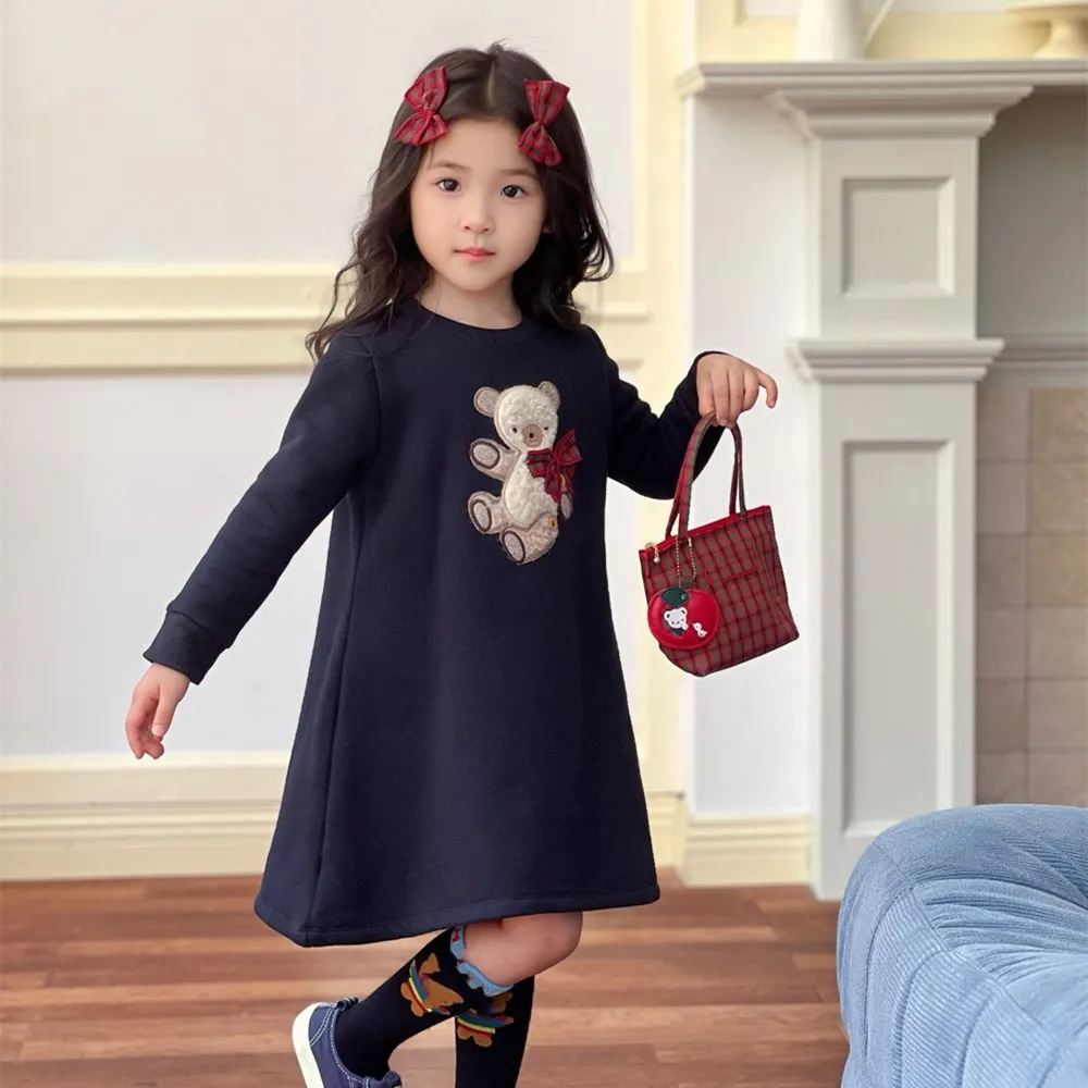 fall winter baby girls clothes kids dress Cartoon teddy bear pattern girls\' long sleeved dress Velvet warm dress