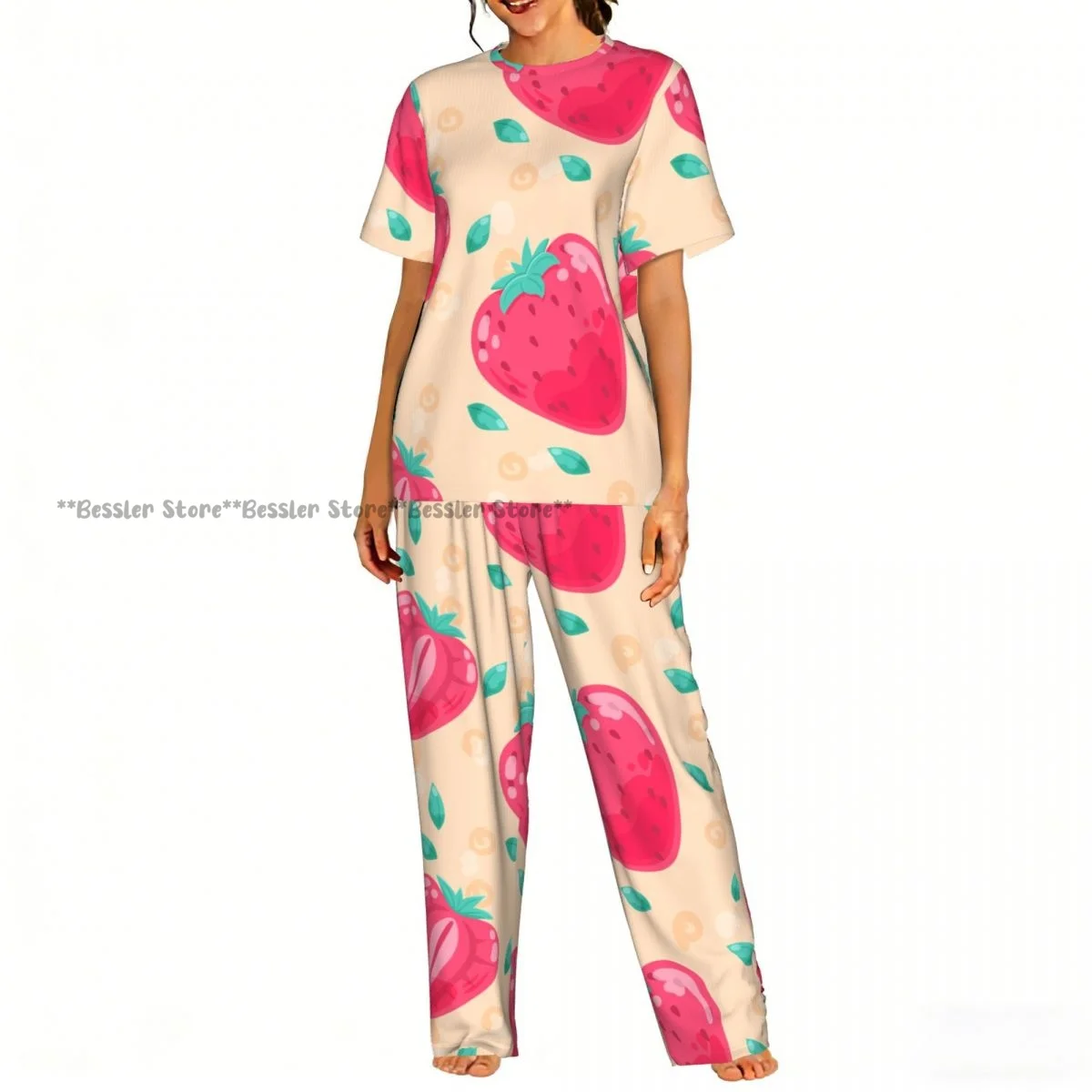 

Women's Pajamas Set Pink Strawberry Short Sleeve Sleepwear 2 Piece Homewear Loungewear