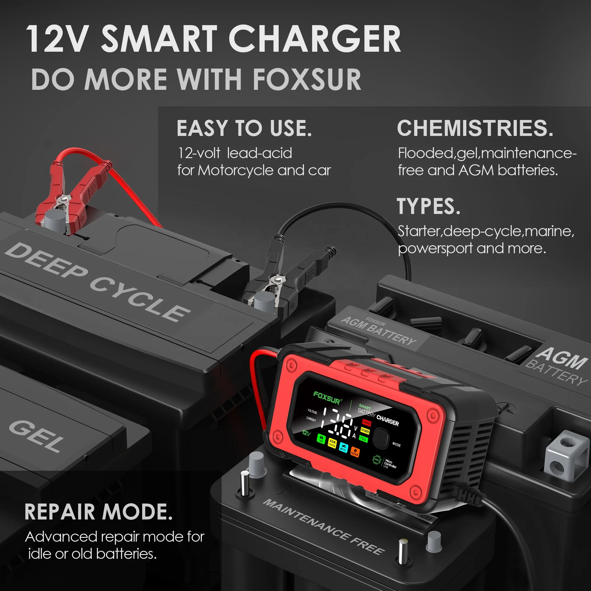 FOXSUR FBC1207E 12V 7A Smart Car Battery Charger Automobile Battery Repair Machine Tester - view 3
