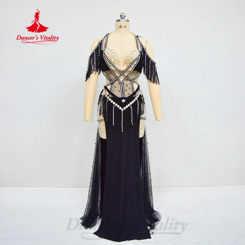 

BellyDance Set Customization Senior AB Stones Bra+Sexy Tassel Dress 2pcs Adult and Children Oriental Dance Performance Costumes