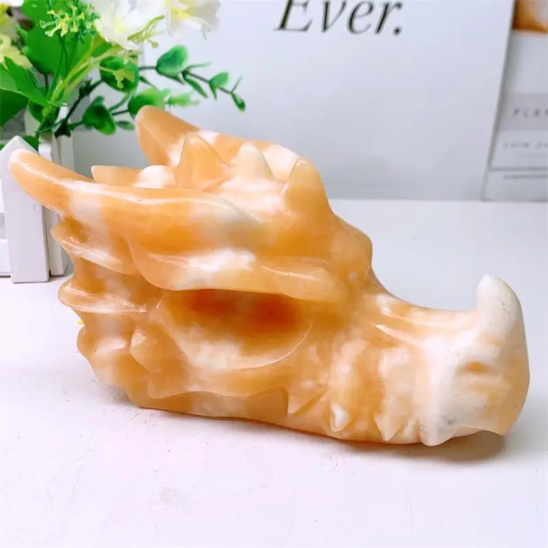 17.5CM Natural Yellow Calcite Dragon Skull Head Polished Animal Powerful Statue For Home Decoration Gift 1pcs