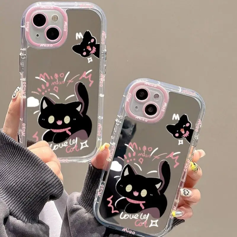 

Korean Ins Probe Little Black Cat Cartoon Phone Case For iPhone 16 15 14 13 12 11 Pro XS Max 7 8 Plus MINI Sweet Y2K Phone Case