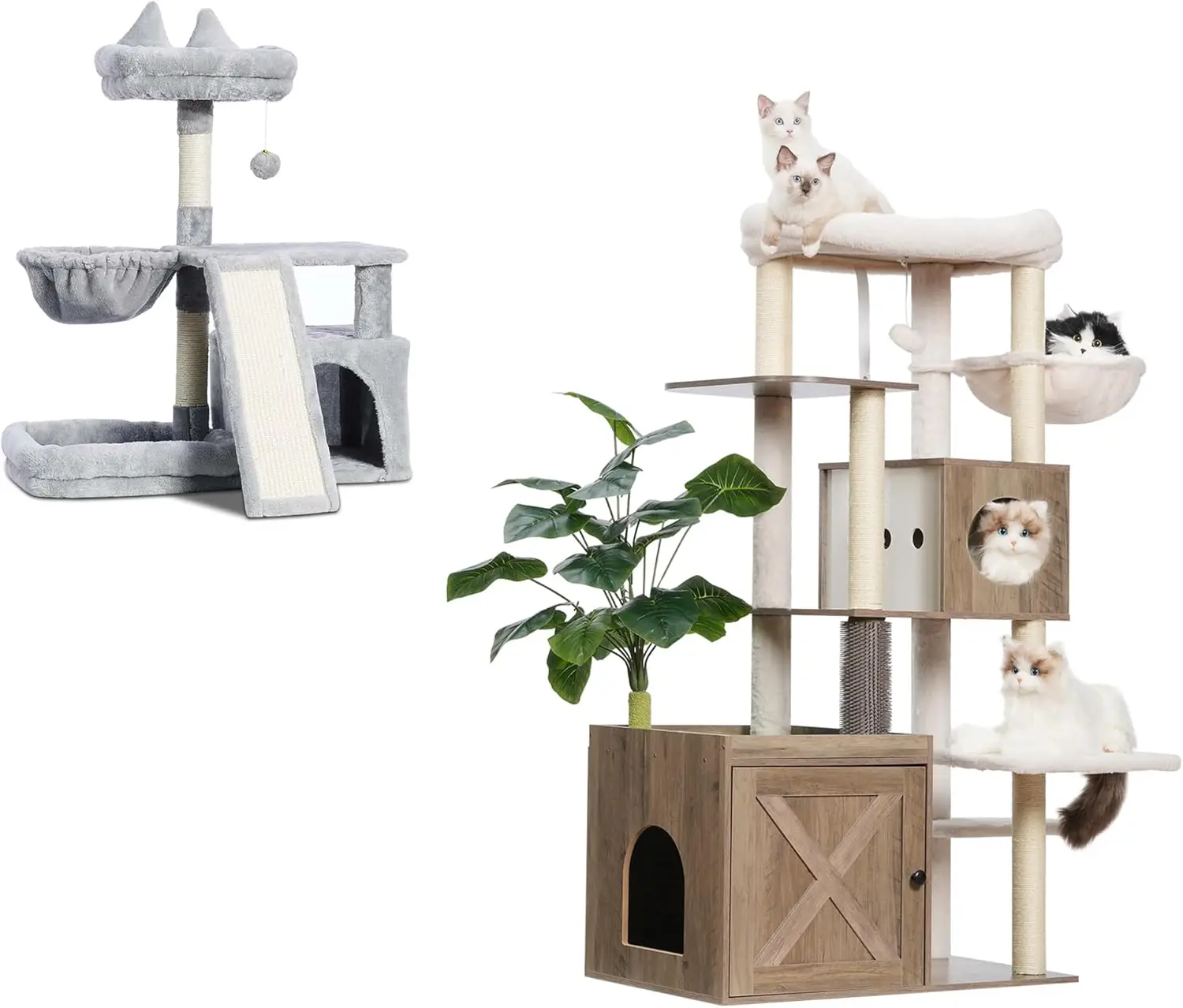 

Cat Tree with Litter Box Enclosure, Large Wooden cat Tower cat condo for Indoor Cats with Play Garden (Leaf, Lawn, Hair Rubbers)