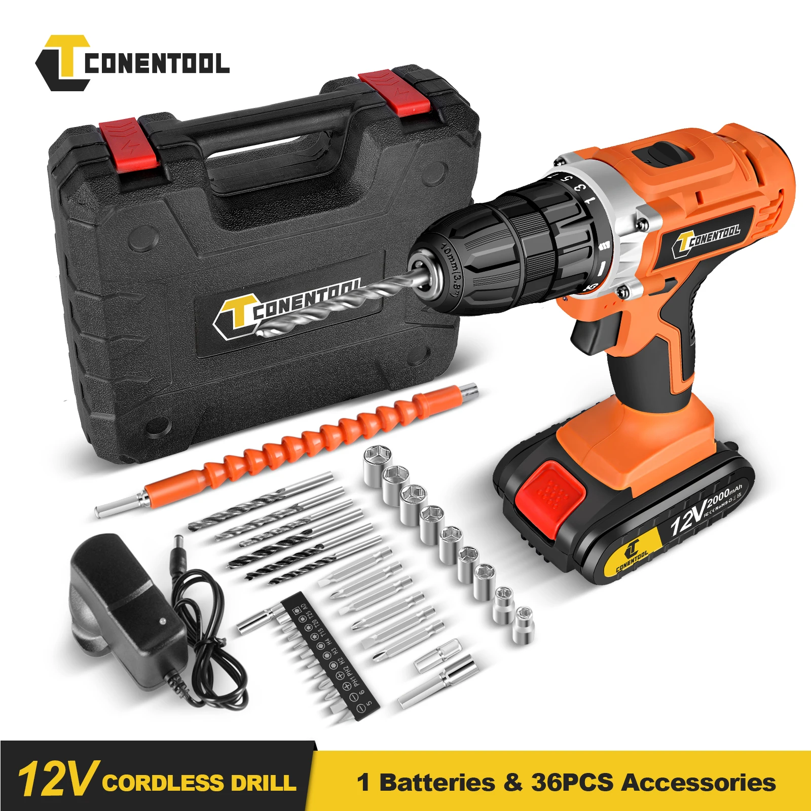 CONENTOOL 12V Cordless Drill Impact Screwdriver, 2000mAh Battery, 2-Speed Electric Combi Drill Power Tool