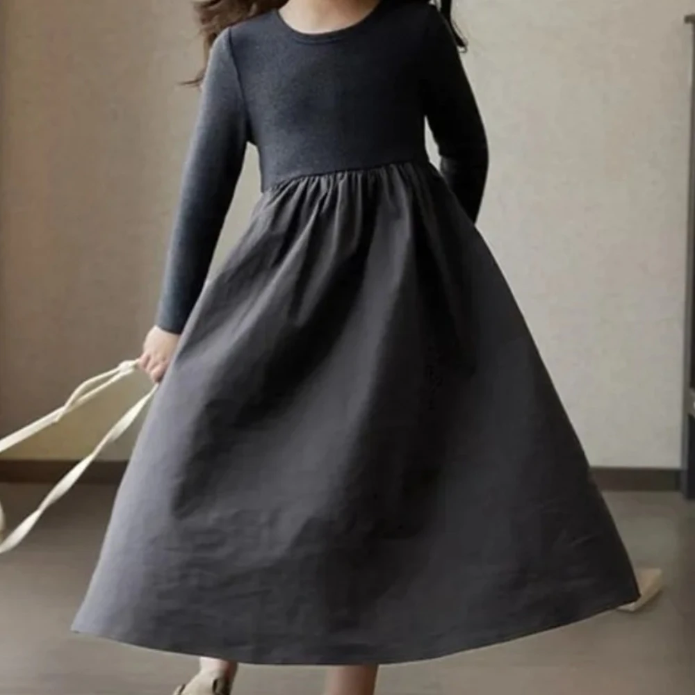 الخريف الفتيات عادية بسيطة طويلة الأكمام س الرقبة بلون فستان 1 قطعة 2-7 سنوات الاطفال موضة الملابس الحلوة #6