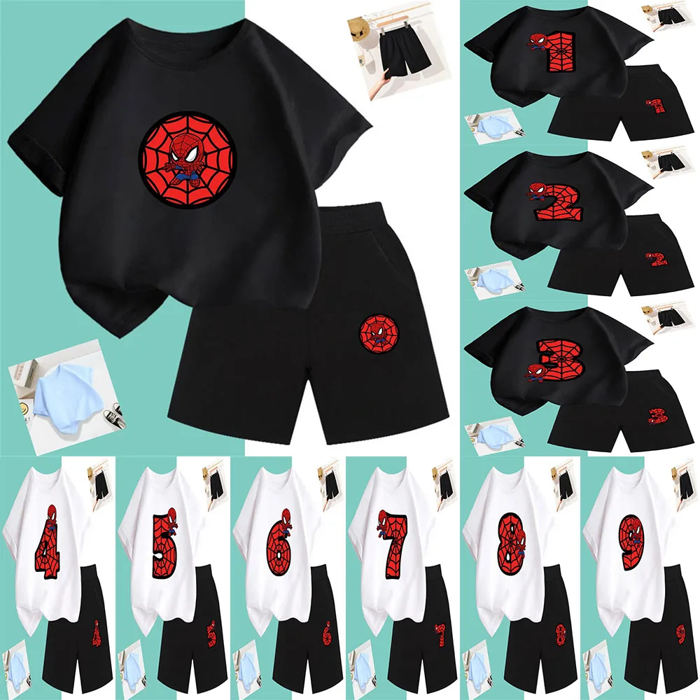 2024 New Summer T-shirt Set Cartoon Spider-man Children Lucky Number 0 - 9 Kawaii Boys And Girls t shirt Top + Pants 2-piece Set