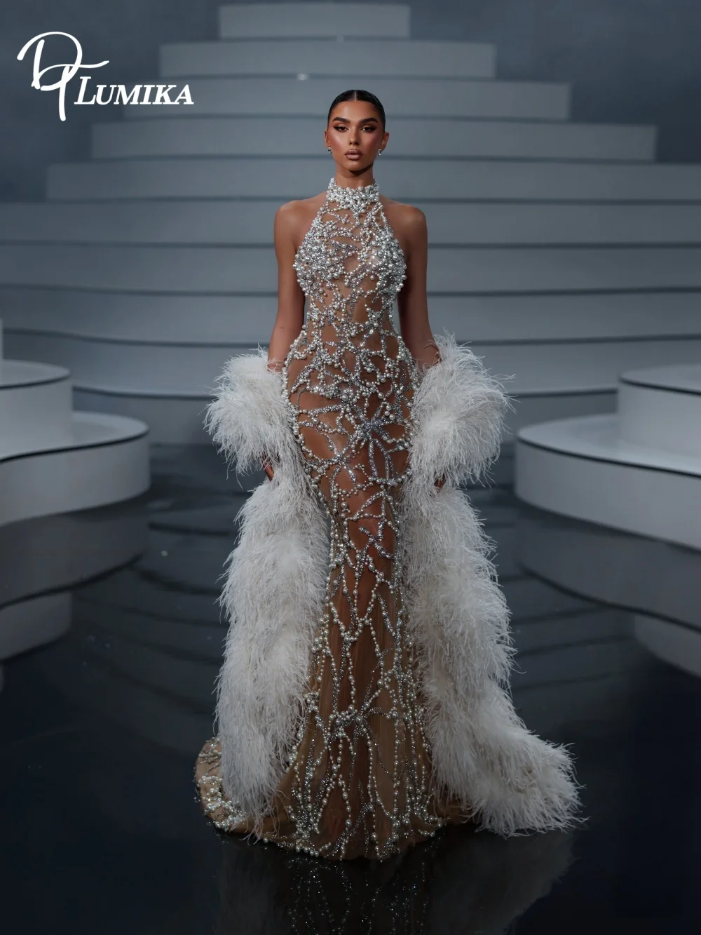 Glamorous High Neck Halter Evening Gown 2027 Pearl Floral Beading Feather Long Sleeves Bridal Dress Customized Vestidos De Novia