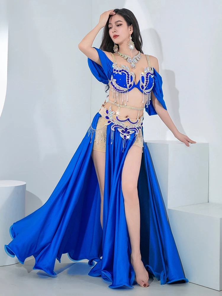 Nuovo stile costume da spettacolo di danza del ventre doppia fessura splendida gonna ampia altalena vestito da competizione di gruppo di danza orientale