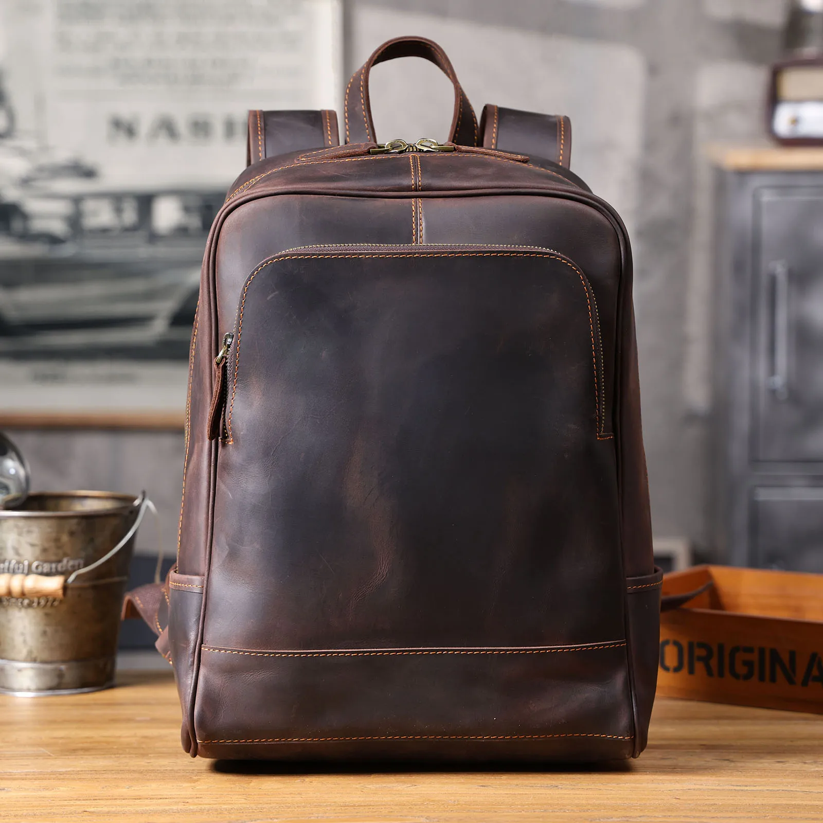 S.WORKER Vintage Echtleder Herrenrucksack Laptop-Tasche Casual Crazy-Horse Leder Schultasche Outdoor Weekender-Tasche – Detail 5
