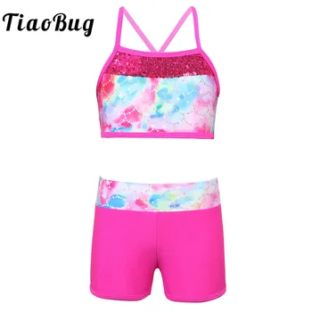 Bambini ragazze Cartoon Print ginnastica ritmica Crop Top Shorts Set paillettes Mermaid scale pratica balletto classe Dancewear Outfit