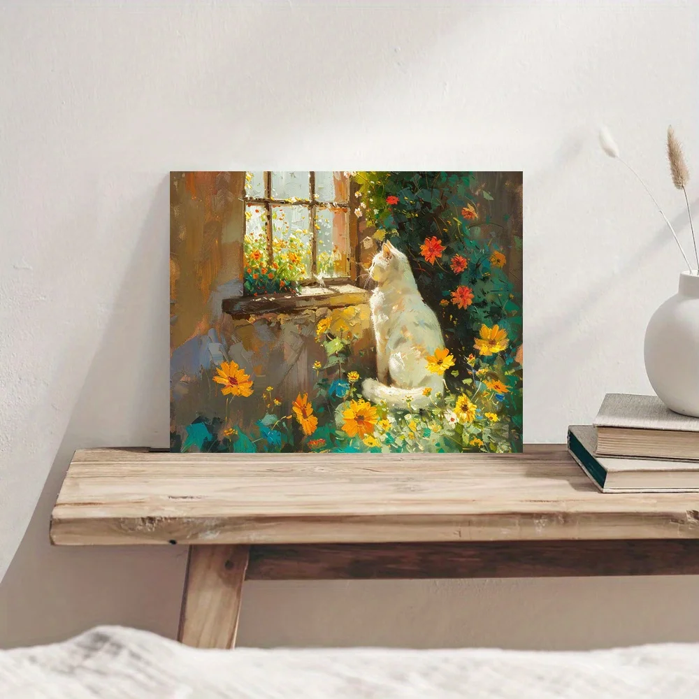 

1pc Wooden Framed Canvas Art - Serene White Cat & Colorful Daisies Oil Painting Style, Calming Whimsical Design for Home, Office