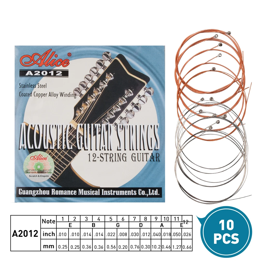 

10 Packs Alice String 12 String Acoustic Guitar Strings Coated Copper Alloy Wound Steel Core A2012 Folk Acoustic DIY Gitar Parts