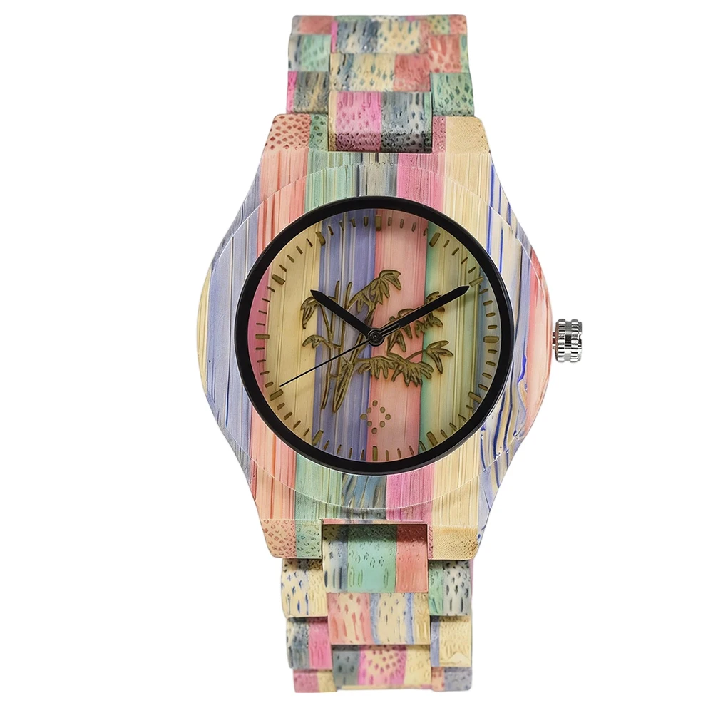 Carved Bamboo Quartz Watch for Women Delicate Artistic Pattern Sleek Round Dial Birthday Present Accessory