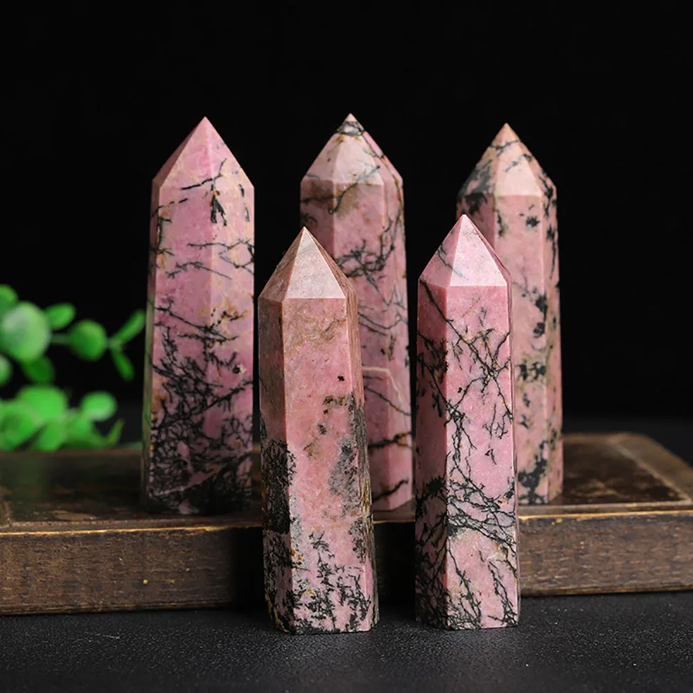 Rhodonite Crystal Tower Natural Healing Crystals 6 Faceted Hexagonal Point Chakra Stone Obelisk Meditation Home Decor Collection