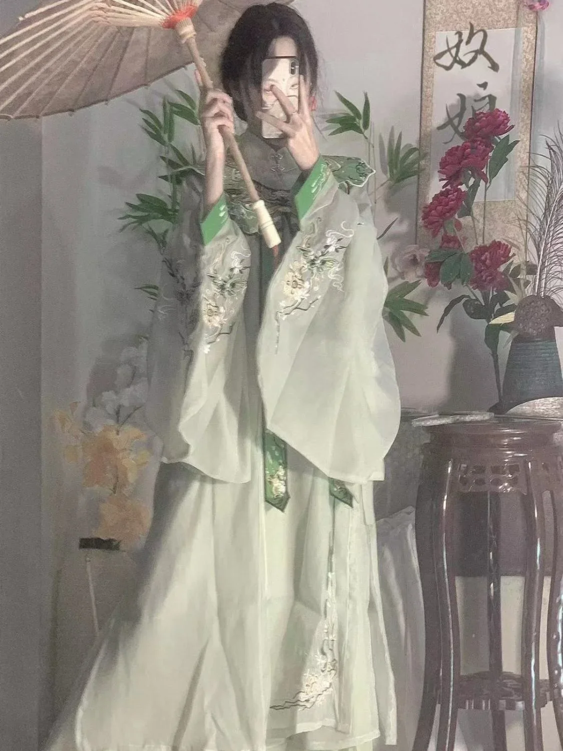 Originele Hanfu Dames Ming-dynastie Onsterfelijke Geest Stand Kraag Cloud Schouderborduurwerk Student Elegant Groen