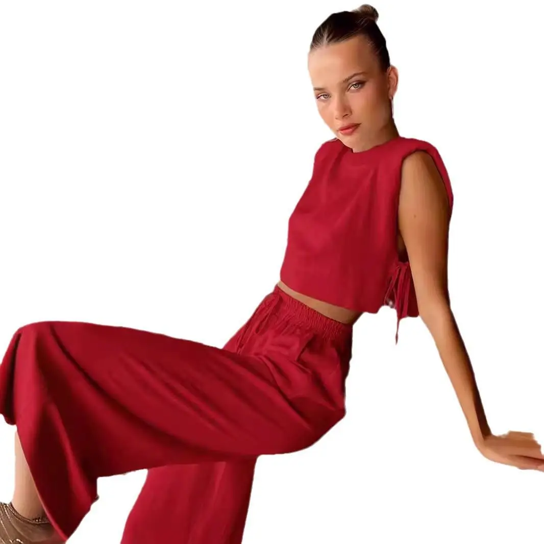 レディース綿麻セット、パッド入り肩、エレガントな春ファッション、ツーピーススーツ、ロングパンツ、ノースリーブ、無地