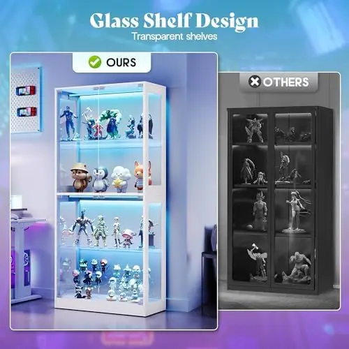 RGB Display Cabinet with Adjustable Glass Shelves, 4-Tier Storage Case with LED Lights & Press-to-Open Doors, Modern view 5